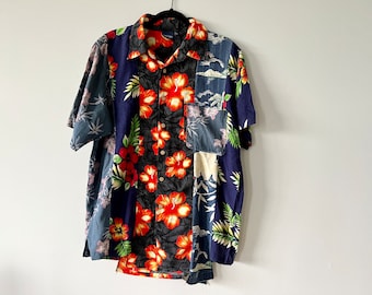 Reconstructed Hawaiian Shirt - Buttondown T Shirt Rework - Size Large Unisex Reconstructed 1 of 1 T Shirt - One of a Kind Shirt