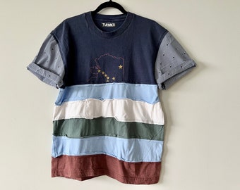 Reconstructed T Shirt - Blue Alaska T Shirt Rework - Size Medium Unisex Reconstructed 1 of 1 T Shirt - One of a Kind Colorful Shirt