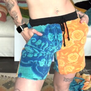 Towel Shorts Rework Reconstructed Upcycled Blue and Orange Unisex Summer Towel Shorts Upcycled Clothing image 7