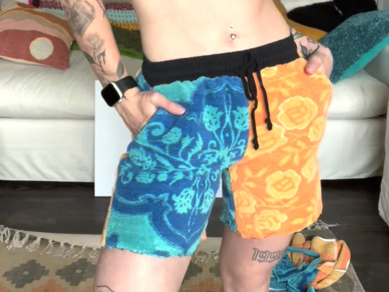 Towel Shorts Rework Reconstructed Upcycled Blue and Orange Unisex Summer Towel Shorts Upcycled Clothing image 7