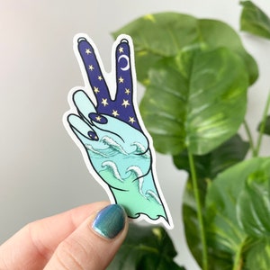 Pegatina de mano con signo de la paz, noche estrellada y olas - Bonita pegatina de mano con signo de la paz de VSCO