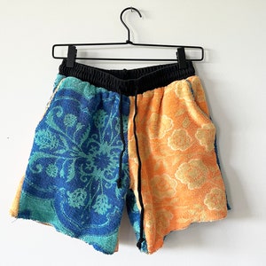 Towel Shorts Rework Reconstructed Upcycled Blue and Orange Unisex Summer Towel Shorts Upcycled Clothing image 1