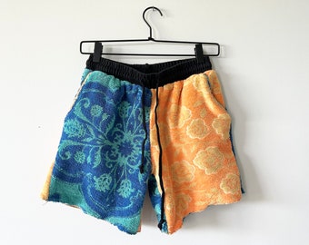 Towel Shorts Rework - Reconstructed Upcycled Blue and Orange Unisex Summer Towel Shorts - Upcycled Clothing