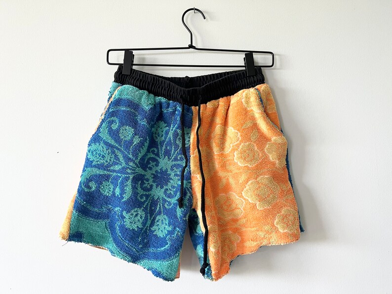 Towel Shorts Rework Reconstructed Upcycled Blue and Orange Unisex Summer Towel Shorts Upcycled Clothing image 1