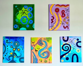 Set of 5 Abstract Acrylic Paintings - Deep Blue, Neon Green, Orange, Purple, Red and Teal - 18x14 Canvas Wall Art Entire Set