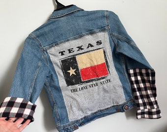 Texas Denim Jacket with Flannel Sleeve Cuffs - Upcycled Denim Jacket Southern Texas Flag Jacket