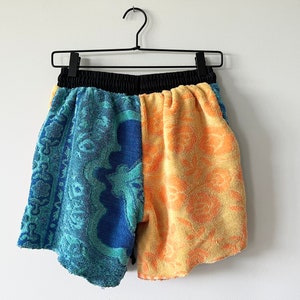 Towel Shorts Rework Reconstructed Upcycled Blue and Orange Unisex Summer Towel Shorts Upcycled Clothing image 5