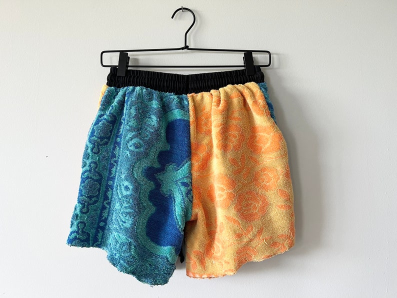 Towel Shorts Rework Reconstructed Upcycled Blue and Orange Unisex Summer Towel Shorts Upcycled Clothing image 5