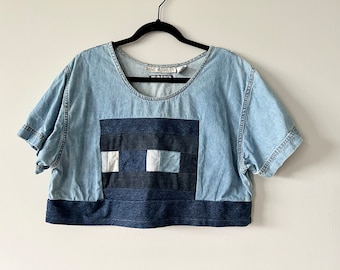 Patchwork Denim Womens Crop Top - Patchwork Denim Jean Womens One of a Kind Shirt - Reconstructed Denim Crop Top Womens