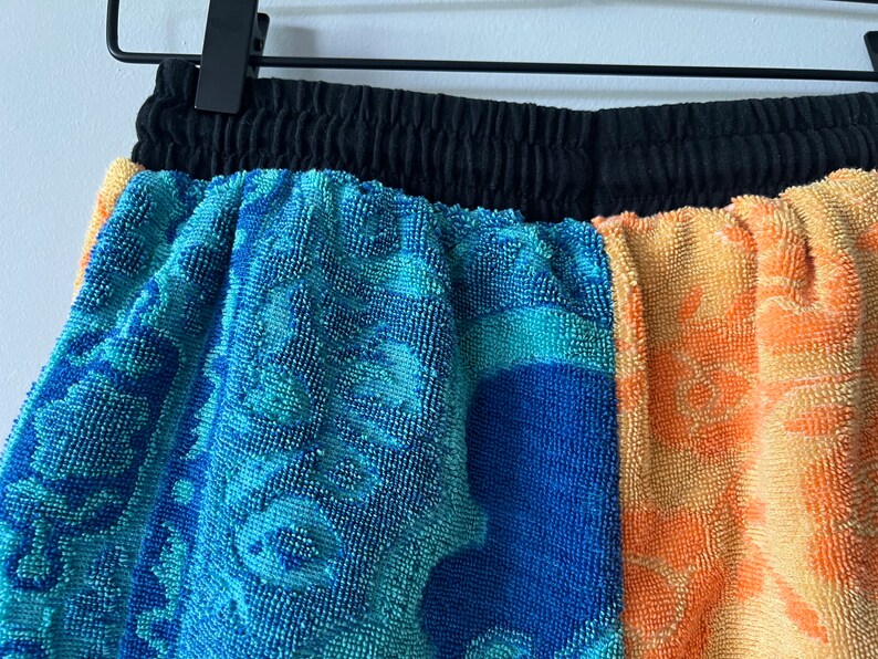 Towel Shorts Rework Reconstructed Upcycled Blue and Orange Unisex Summer Towel Shorts Upcycled Clothing image 6