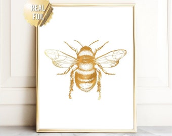 Gold Foil Bee Print: Metallic Honey Bee Wall Art