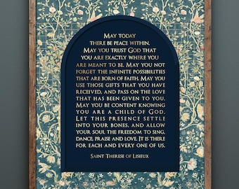 St Therese of Lisieux Gold Foil Print: "May Today There Be Peace Within" William Morris Inspired Art, Sage Catholic Christian Decor Framed