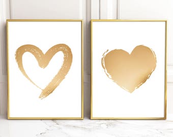 Heart Wall Art - Glam Decor, Gold Heart Print - Set of 2 Prints Real Gold Foil Heart Print - Gold Heart Art, Glam Wall Art, RH Teen Wall Art