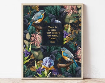 Rumi Quote Wall Art - Gold Lettering Poetry - Rumi Listen to Silence Poem - Rumi Art Gift Floral Illustration Framed - Birds Flowers Iris