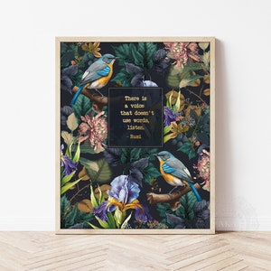 Rumi Quote Wall Art - Gold Lettering Poetry - Rumi's Listen to Silence Poem - Rumi Art Gift Floral Illustration Framed - Birds Flowers Iris