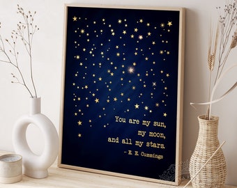 You Are My Sun My Moon and All My Stars ee Cummings Wall Art - Gold Metal Foil Print - e.e. Cummings Book Lover Gift Literary Art Framed