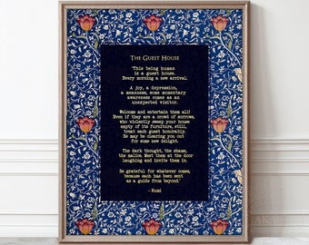 Rumi Poem 'The Guest House' Framed Print: Gold Lettering, William Morris Vintage Blue Tapestry