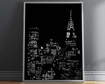 New York City Skyline Decor - Silver Metal Print - New York City Wall Art - NY Cityscape Art Wall Decor - NYC Skyline Print Framed Gift