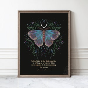 Brene Brown Art Print Authenticity Quote - Gold Lettering - Therapy Office Decor - Mental Health - Butterfly Painting Wall Art Print FRAMED