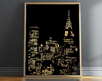 Gold Metal New York City Skyline Print: Framed NY Wall Art