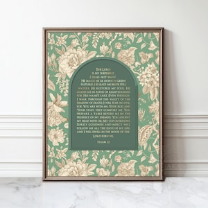 Psalm 23 Print with Shining Gold Text – Christian Wall Art  – Framed Nursery Bible Verse Wall Hanging Vintage Scripture Art for Home
