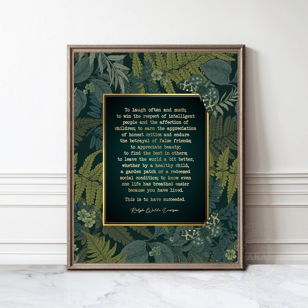 Ralph Waldo Emerson Quote Wall Art - To Succeed Quote in GOLD - Graduation Grad Gift - Poetry Art - Inspirational Quote, Poetry Print Framed