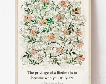 Carl Jung Quote: "Become Who You Truly Are" Vintage William Morris Design, Therapy Office Art Framed