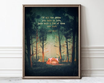 John Muir Quote Print: Gold Lettering, Forest Watercolor Art