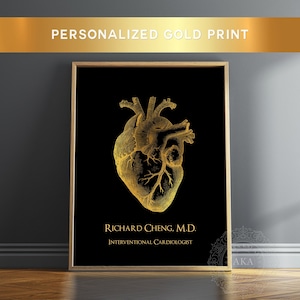 Personalized Gift For Doctor - Cardiology Gifts - Interventional Cardiologist Heart Surgeon Gift - Gold Anatomical Heart Framed Wall Decor