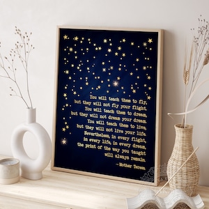 Mother Teresa Quote Wall Art - You will teach them to fly - Gold Lettering Quote Framed - Mom Gift Wedding, Mother of the Bride Groom Gift