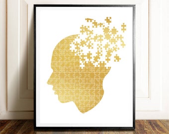 Gold Foil Brain Puzzle Print - Therapist Gift, Psychiatry Art