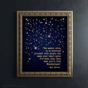 Alice in Wonderland Decor - Gold Star Print - Alice in Wonderland Quotes - Mad Hatter Secret Wall Art - Book Quotes Lewis Carroll Framed