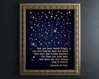 Pilot Gift - Navy Pilot Gift - Gold Print Leonardo da Vinci Quote - Once you have tasted flight - Flight Attendant Gifts Aviation Wall Art