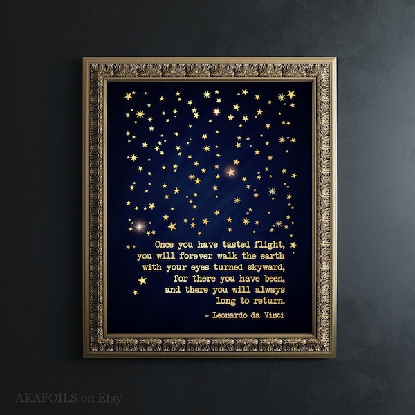 Regalo de piloto - Regalo de piloto de la Marina - Impresión dorada Cita de Leonardo da Vinci - Una vez que hayas probado el vuelo - Regalos de asistente de vuelo Arte de pared de aviación
