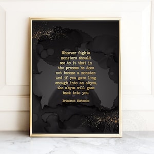 Friedrich Nietzsche Quote Wall Art - Gold Metal Foil Print - Gaze into the Abyss - Modern Watercolor Black Ink Abstract Wall Decor Framed