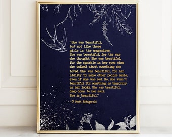 She Was Beautiful F Scott Fitzgerald - Inspirational Wall Art, F Scott Fitzgerald Quote, Sister Gift, Gifts for Mom, Genuine Gold Foil Print
