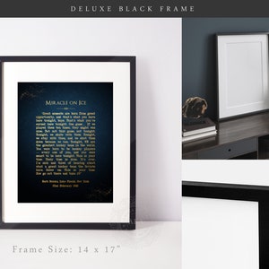 May include: A black framed print with a dark blue background and gold text that reads "Miracle on Ice". The text is a quote from Herb Brooks, the coach of the 1980 U.S. Olympic hockey team. The frame is 14 inches by 17 inches.