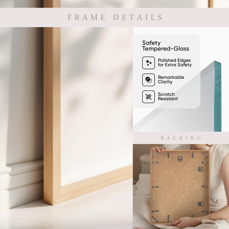 May include: A light wood picture frame featuring safety tempered glass with polished edges, remarkable clarity, and scratch resistance. The back of the frame is made of brown composite board with multiple metal swivel clips for securing contents.