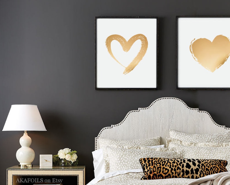 Heart Wall Art Glam Decor Gold Heart Print Set of 2 Etsy