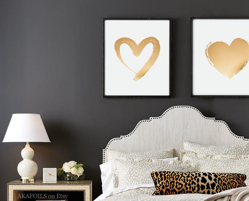 Heart Wall Art - Glam Decor, Gold Heart Print - Set of 2 Prints Real ...