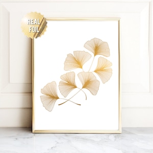 Ginko Leaf Drawing GOLD PRINT - Ginkgo Biloba Leaves Wall Art - Modern Wall Art Botanical - Mothers Day Gift Ideas - Gold Botanical Print