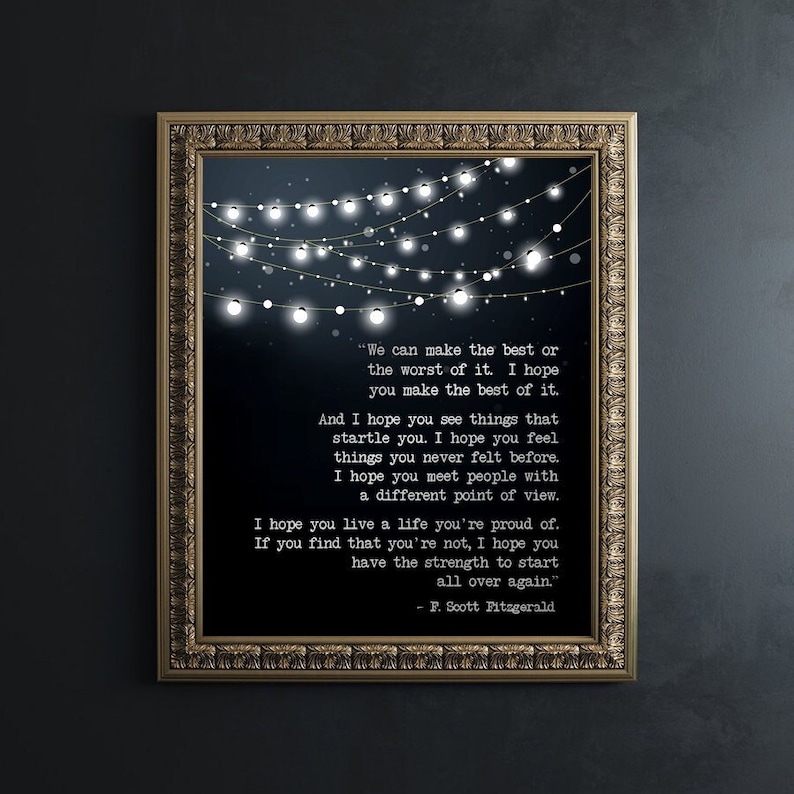 May include: A black and white printable quote with a string of white lights on a dark blue background. The quote is by F. Scott Fitzgerald and reads, "We can make the best or the worst of it. I hope you make the best of it. And I hope you see things that startle you. I hope you feel things you never felt before. I hope you meet people with a different point of view. I hope you live a life you're proud of. If you find that you're not, I hope you have the strength to start all over again."