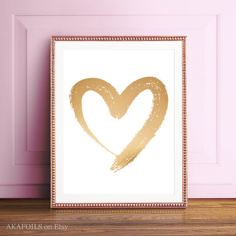 Real Gold Foil Heart Print Teen Wall Art Nursery Decor Bedroom Pink Baby Shower Gift