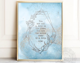 Inspirational Wall Art Rumi Quote Print ~ You are not a drop in the ocean ~ Rumi Poetry Art, Poetry Quote, Ocean Sea Water Sign Coastal Art