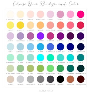 May include: A chart of 56 different color swatches, labeled with numbers and names. The colors range from off-white to chocolate.