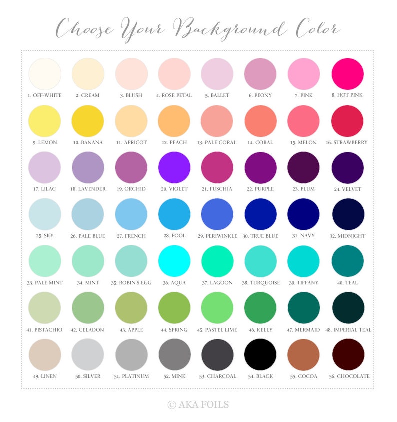 May include: A chart of 56 different color swatches, labeled with numbers and names. The colors range from off-white to chocolate.