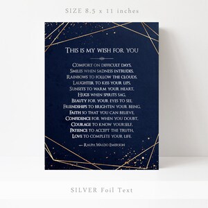 May include: A navy blue printable art print with gold geometric shapes and a silver foil text overlay. The text reads "This is my wish for you" and includes a quote by Ralph Waldo Emerson. The print measures 8.5 x 11 inches.