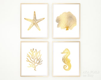 Gold Coral Print Set of 4 Coral Art Prints - Real Gold Foil Coral Print - Gold Foil Marine Art - Fan Coral - Living Room Beach Bedroom Art