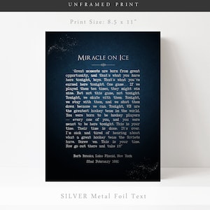 May include: A blue and white print with the text "Miracle on Ice" and a quote from Herb Brooks, the coach of the 1980 U.S. Olympic hockey team, about the team's victory over the Soviet Union. The print is 8.5 inches by 11 inches.