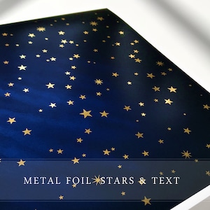 May include: A dark blue background with gold foil stars of various sizes. The text "METAL FOIL STARS & TEXT" is at the bottom of the image.